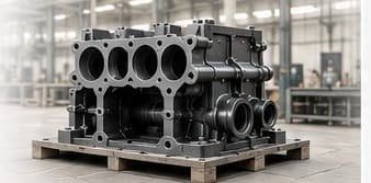 Cast-iron engine block on a pallet in the workshop